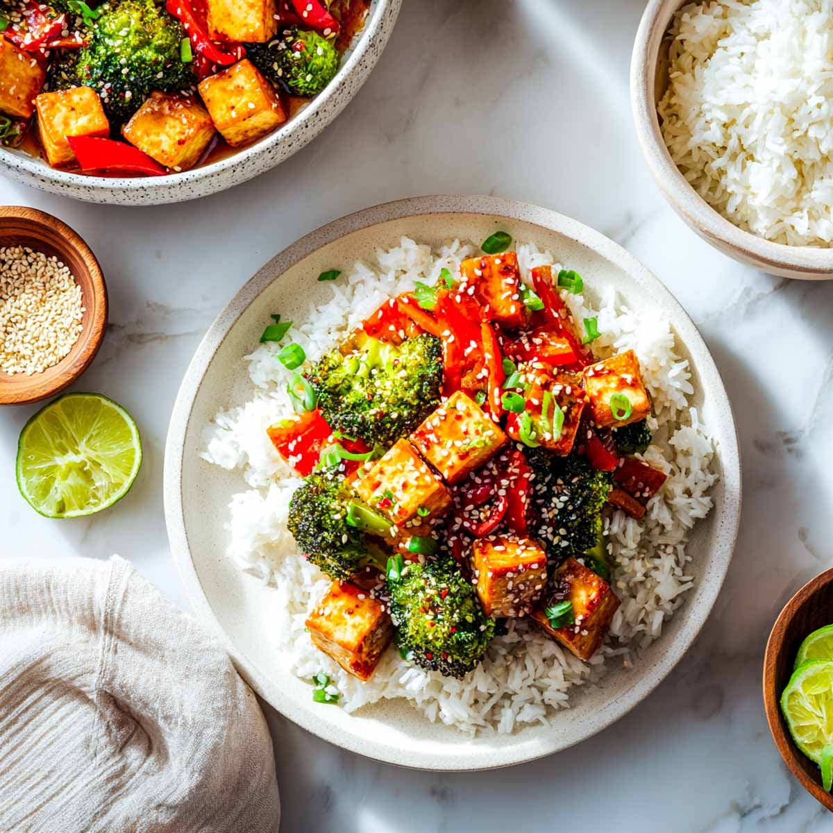 Top-down view of tofu and broccoli served over white rice on an off-white ceramic plate.