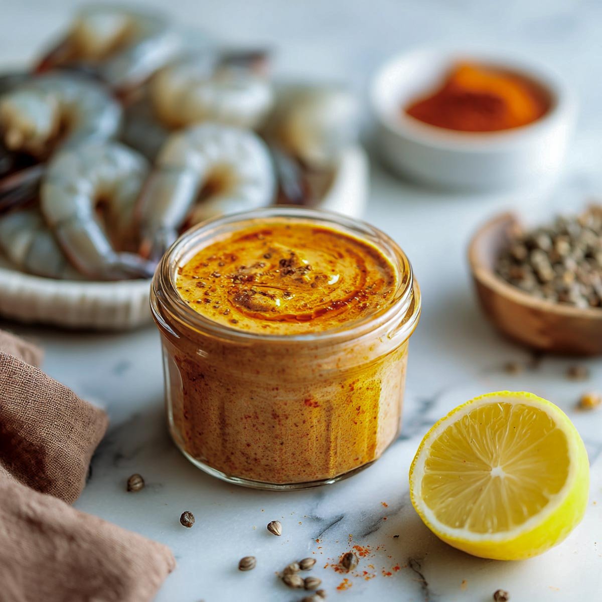Harissa yogurt marinade in a glass jar with raw shrimp and spices nearby.