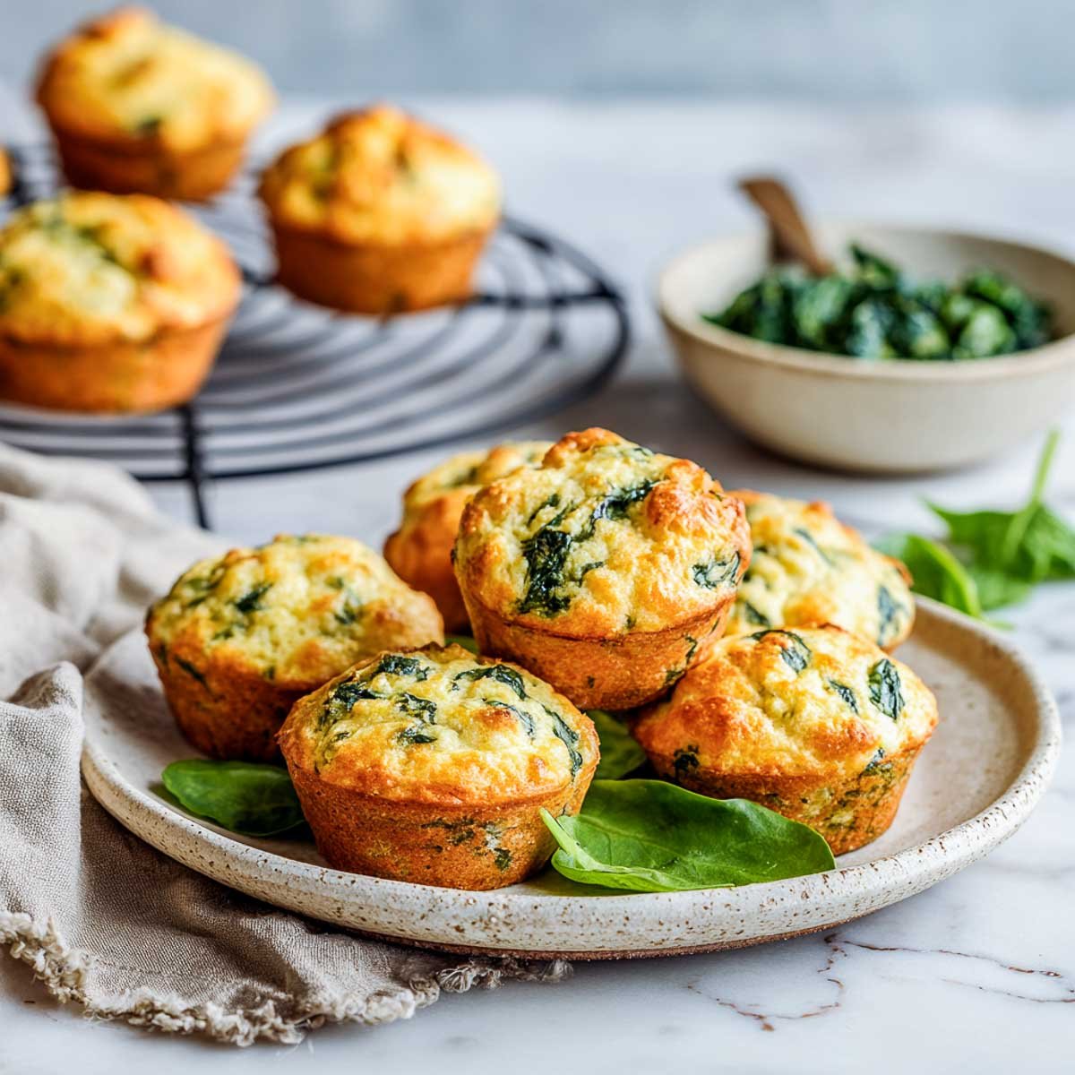 Angled view of spinach muffins with cottage cheese on a ceramic plate and cooling rack.