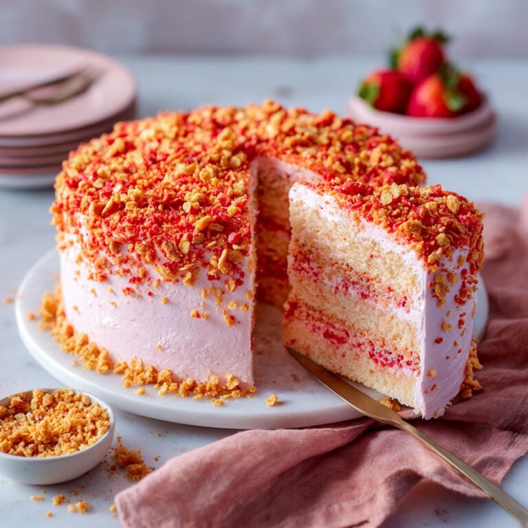 Side view of sliced strawberry crunch cake with pink crumbs and white frosting.