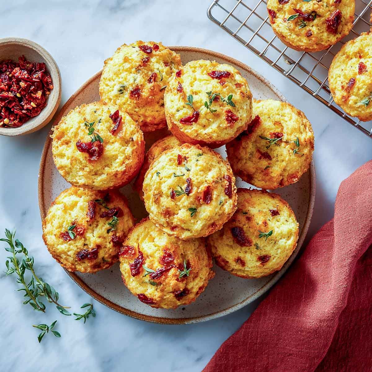 Top-down view of golden muffins with cottage cheese, sun-dried tomatoes, and thyme on ceramic plate.
