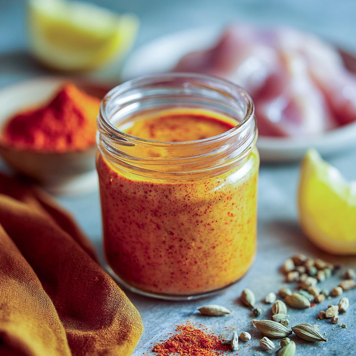 Bright orange yogurt marinade in a glass jar with tandoori spices and raw chicken.