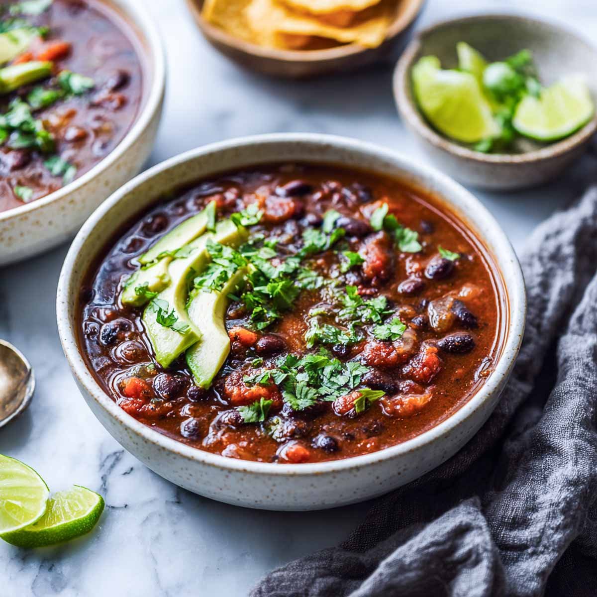 Thick black bean soup topped with avocado and cilantro in a white bowl.