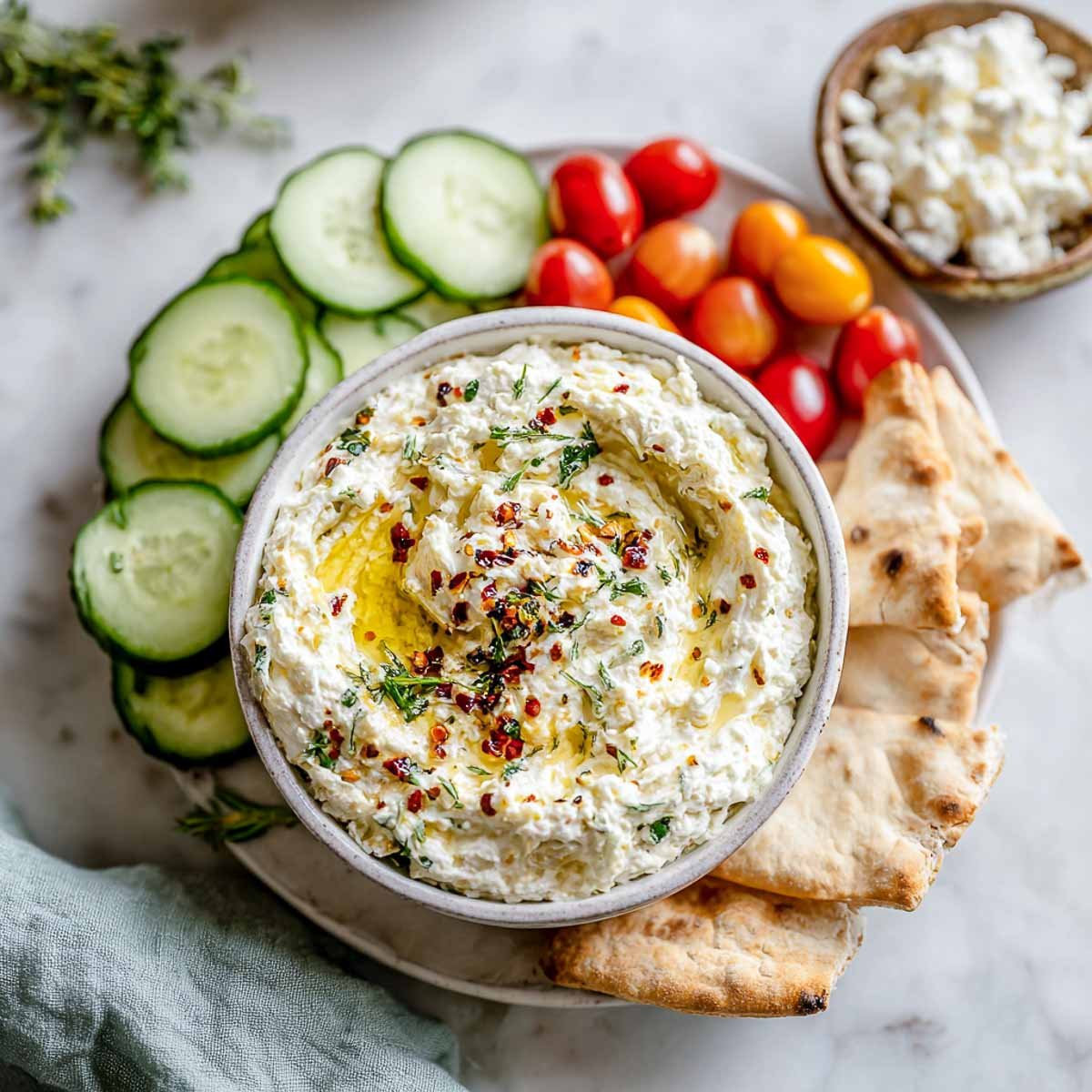 Whipped feta cottage cheese dip with olive oil, herbs, cucumbers, tomatoes, and pita.