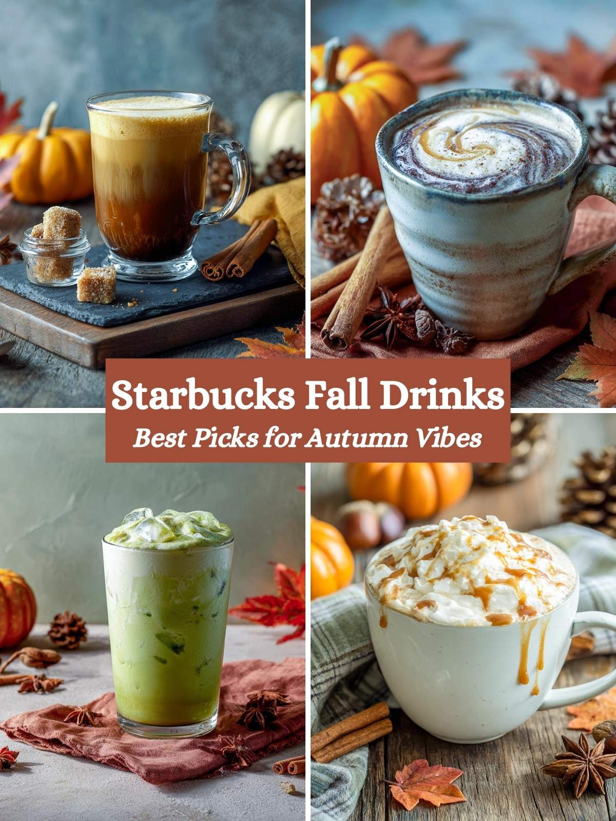 A four-image collage of Starbucks fall drinks.