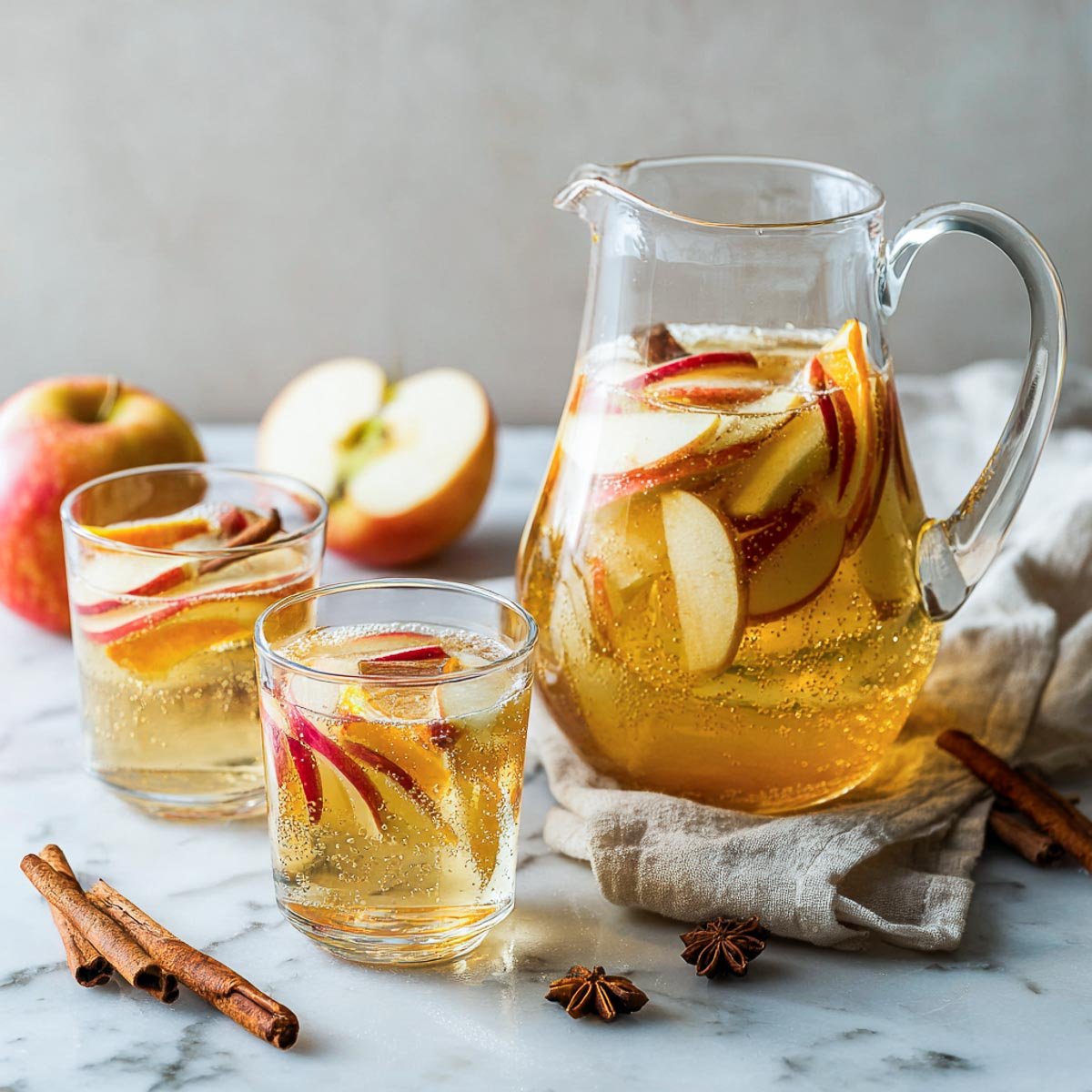 Apple cider sangria with sliced apples and cinnamon in a glass pitcher.