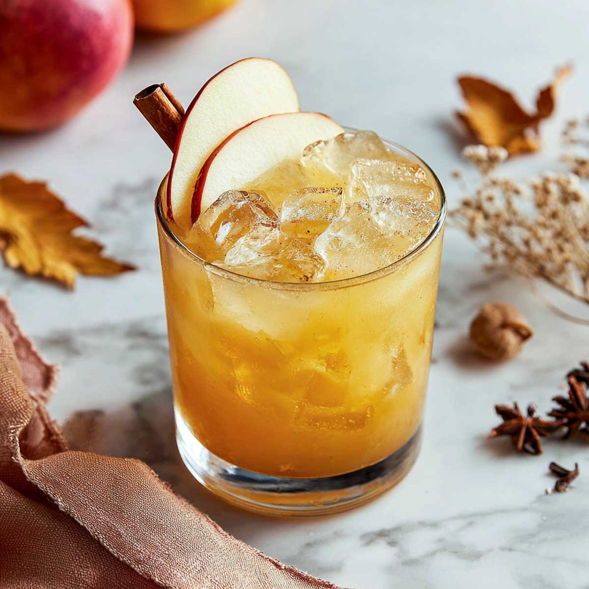 Apple cider vodka cocktail with ice, apple slices, and cinnamon stick garnish.