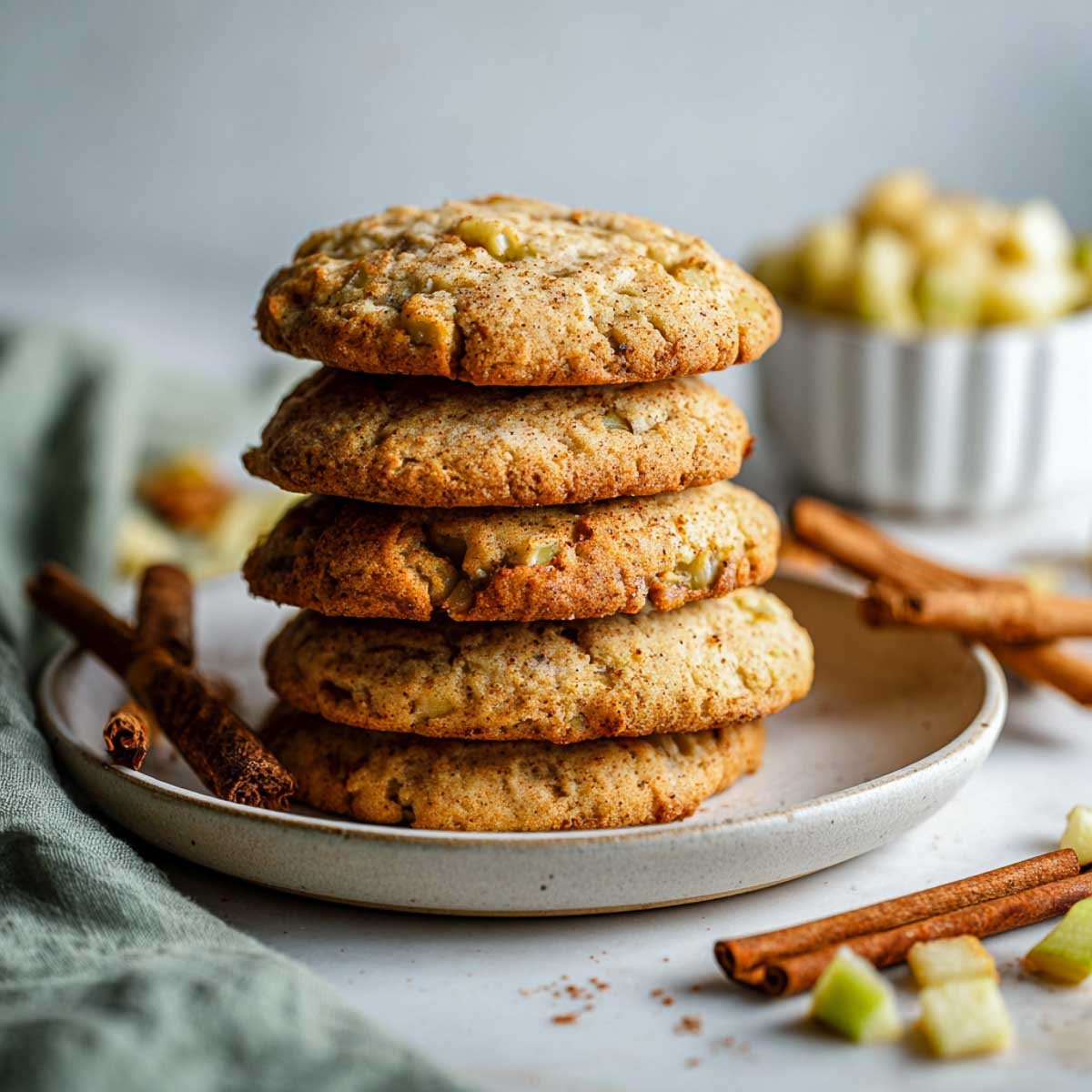 Stack of thick soft-baked apple cinnamon cookies on stoneware plate.