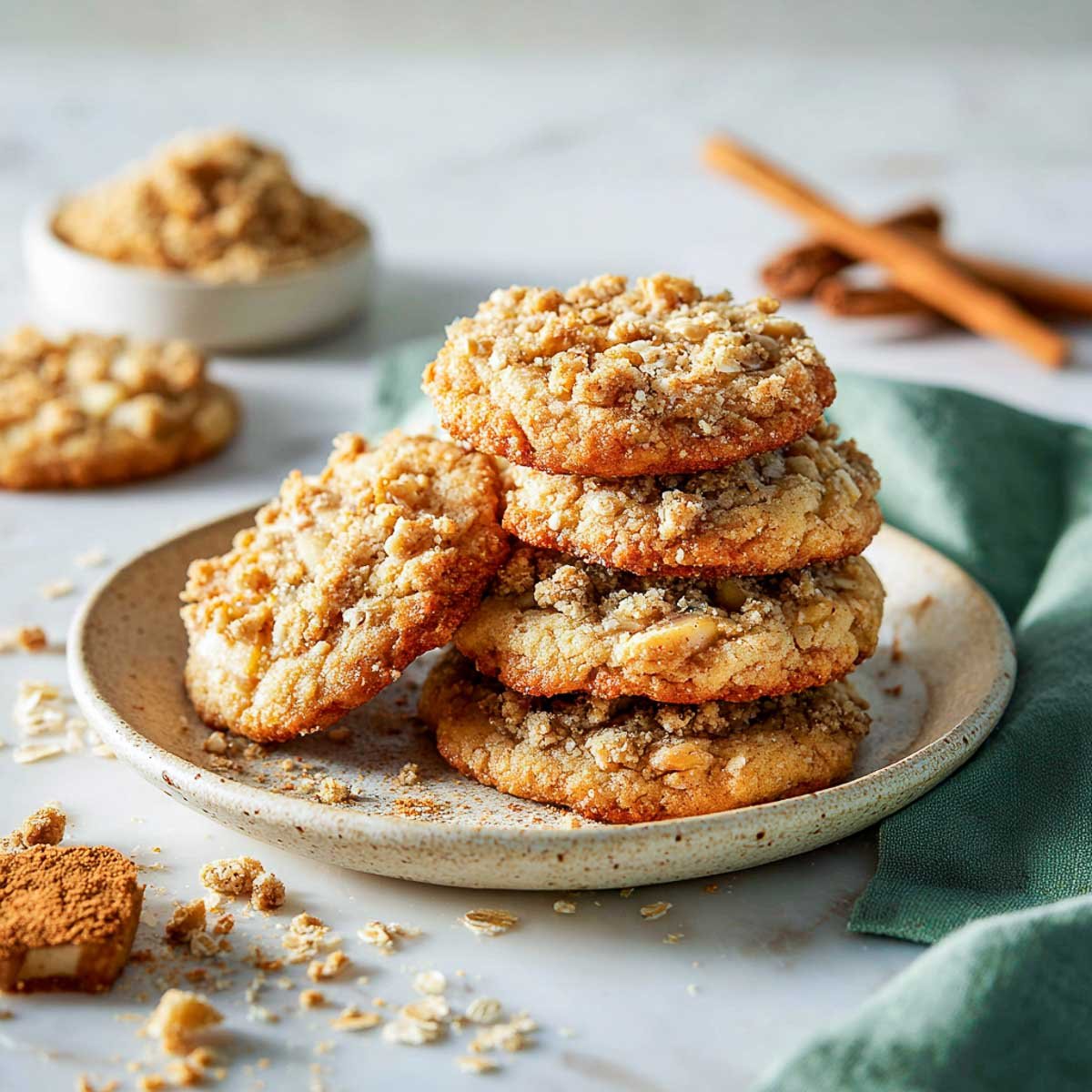 Apple crisp cookies with golden oat crumble stacked on rustic plate.