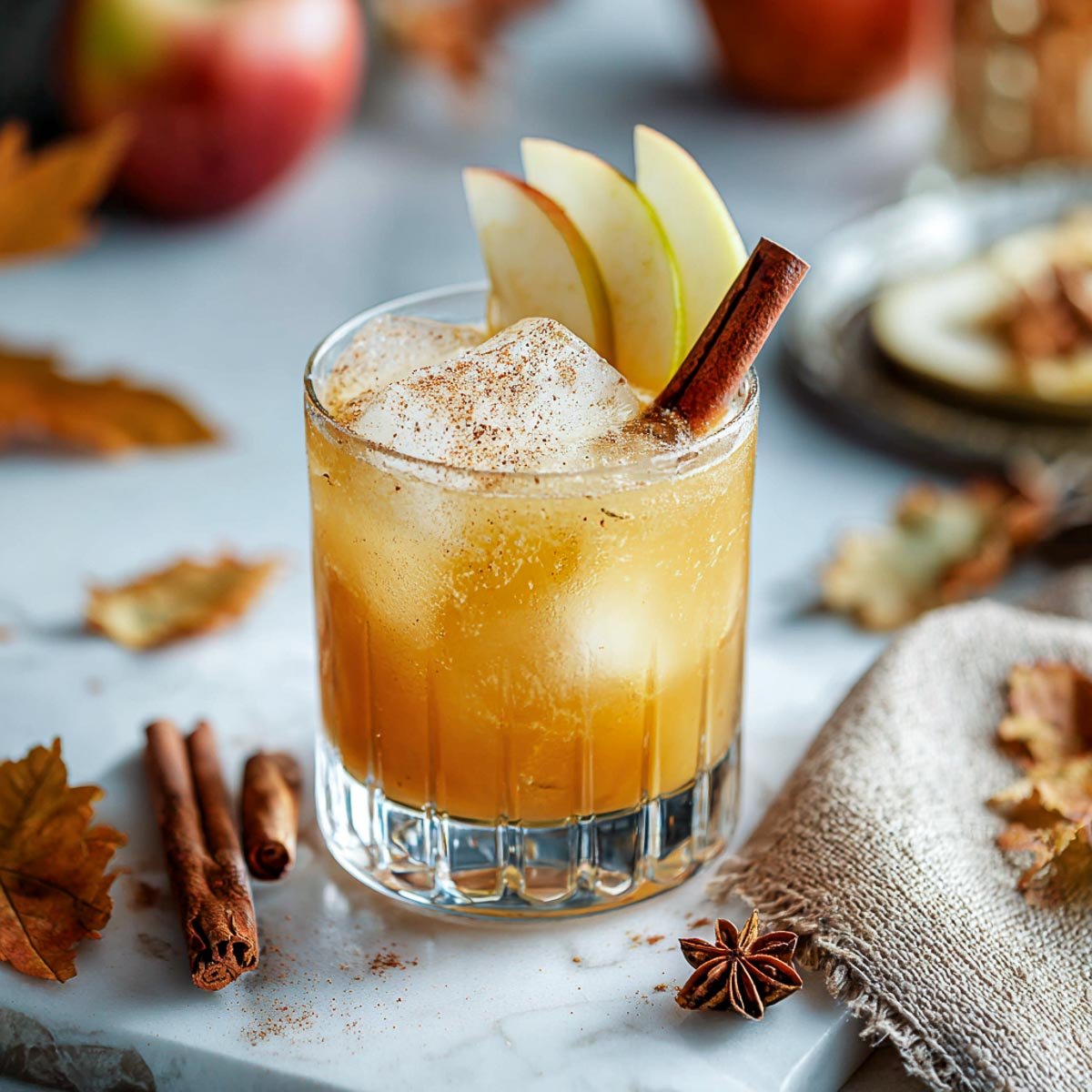 Apple pie cocktail with ice, cinnamon stick, and apple slice garnish.