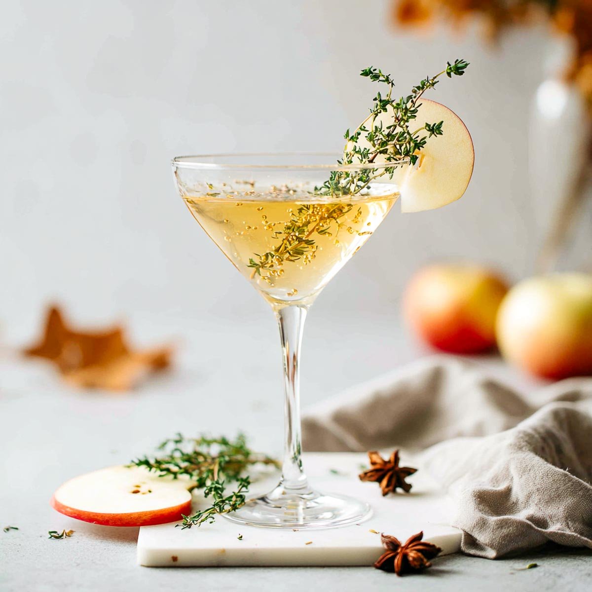 Martini with apple slice and thyme garnish on marble surface.
