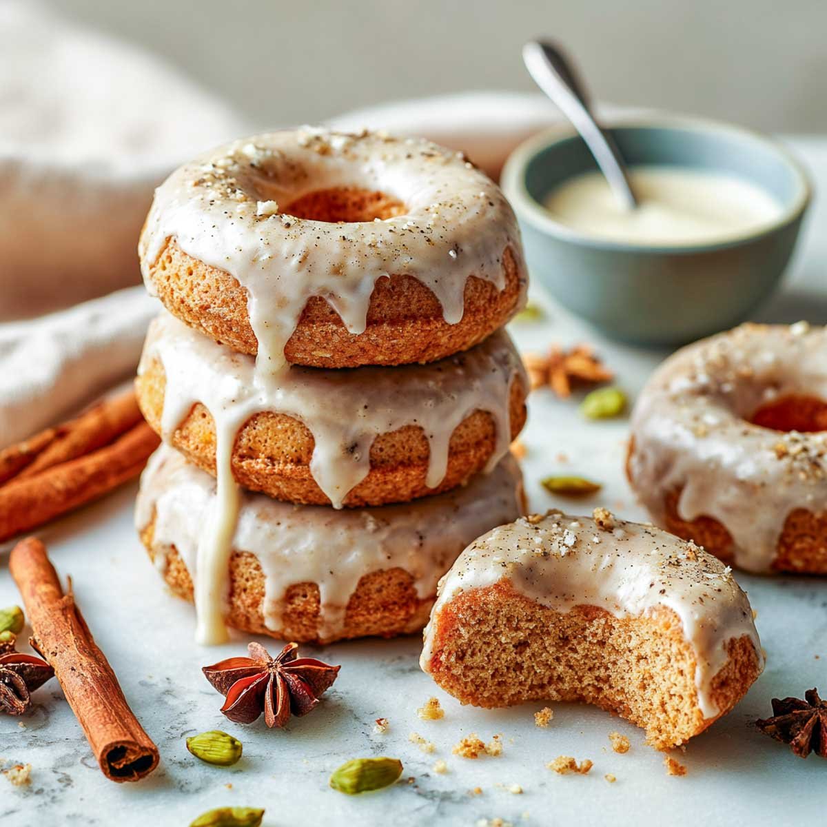 Four baked chai spiced donuts with vanilla glaze on parchment over cooling rack.