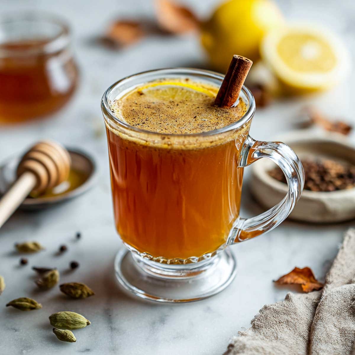Hot bourbon chai toddy with lemon slice and cinnamon in glass mug.