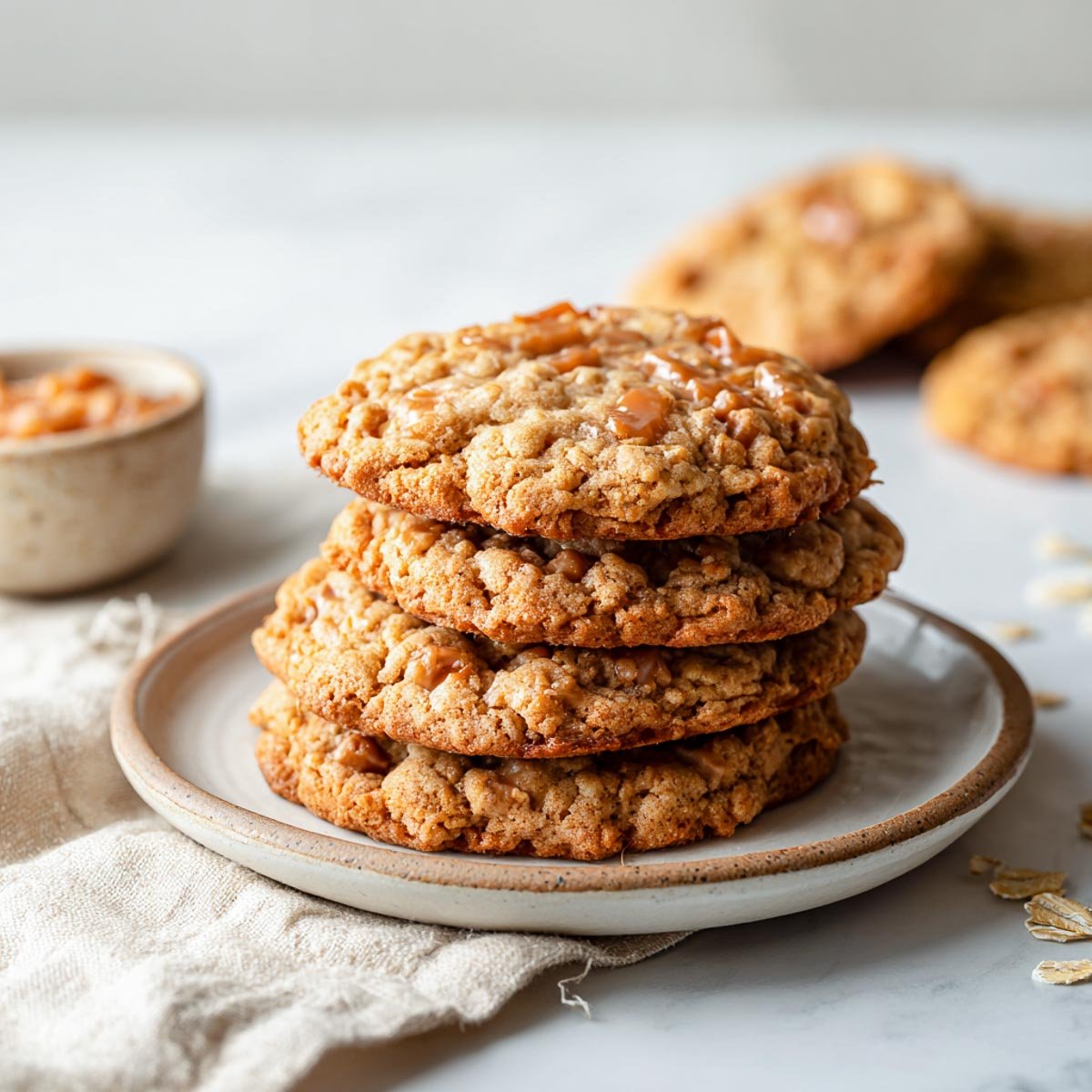 Stack of brown butter oatmeal toffee cookies with coffee and caramel sauce.