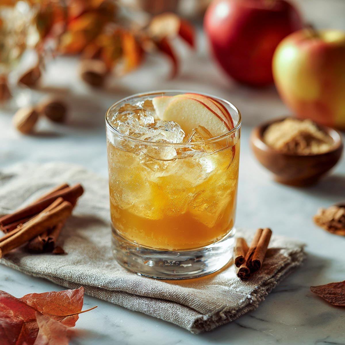 Bourbon cider cocktail with ice, apple slices, and brown sugar in the background.