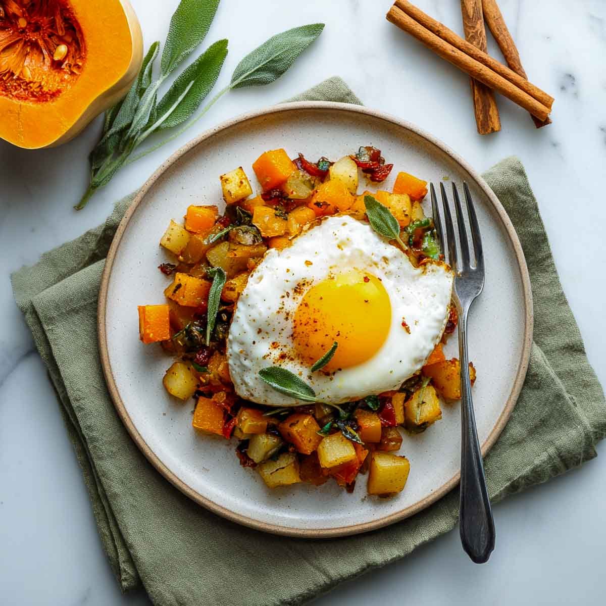 Single fried egg served over colorful butternut squash and potato hash on a plate.