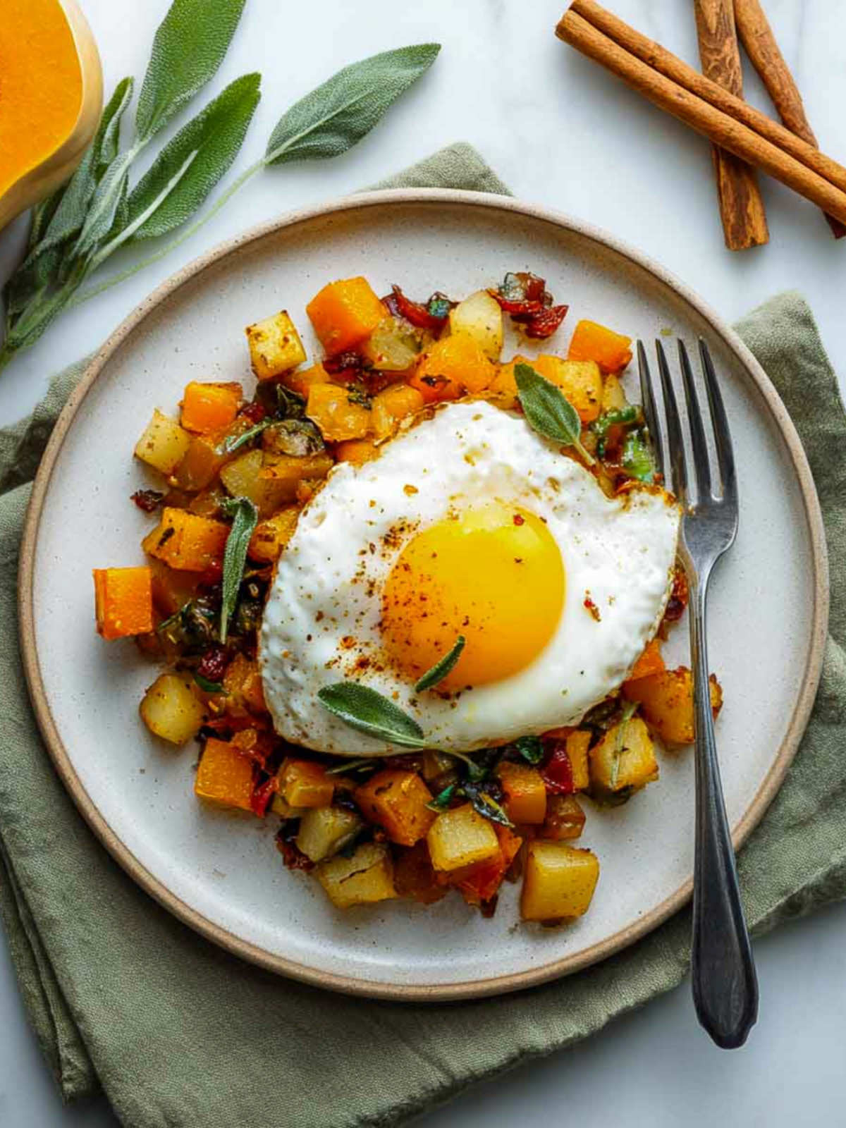 Overhead view of butternut squash hash with egg, sage leaves, and cinnamon sticks.