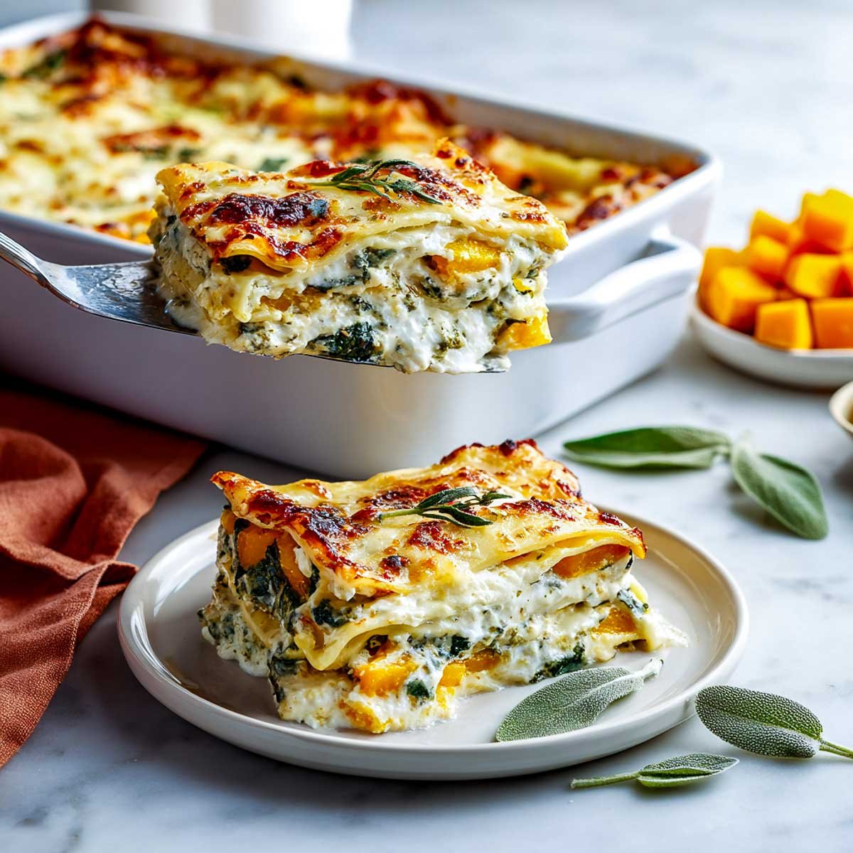Golden butternut squash cottage cheese lasagna slice with sage on a ceramic plate.