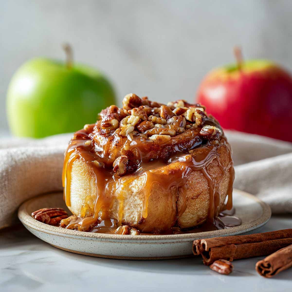 Side view of a caramel pecan cinnamon roll with rich glaze dripping down.