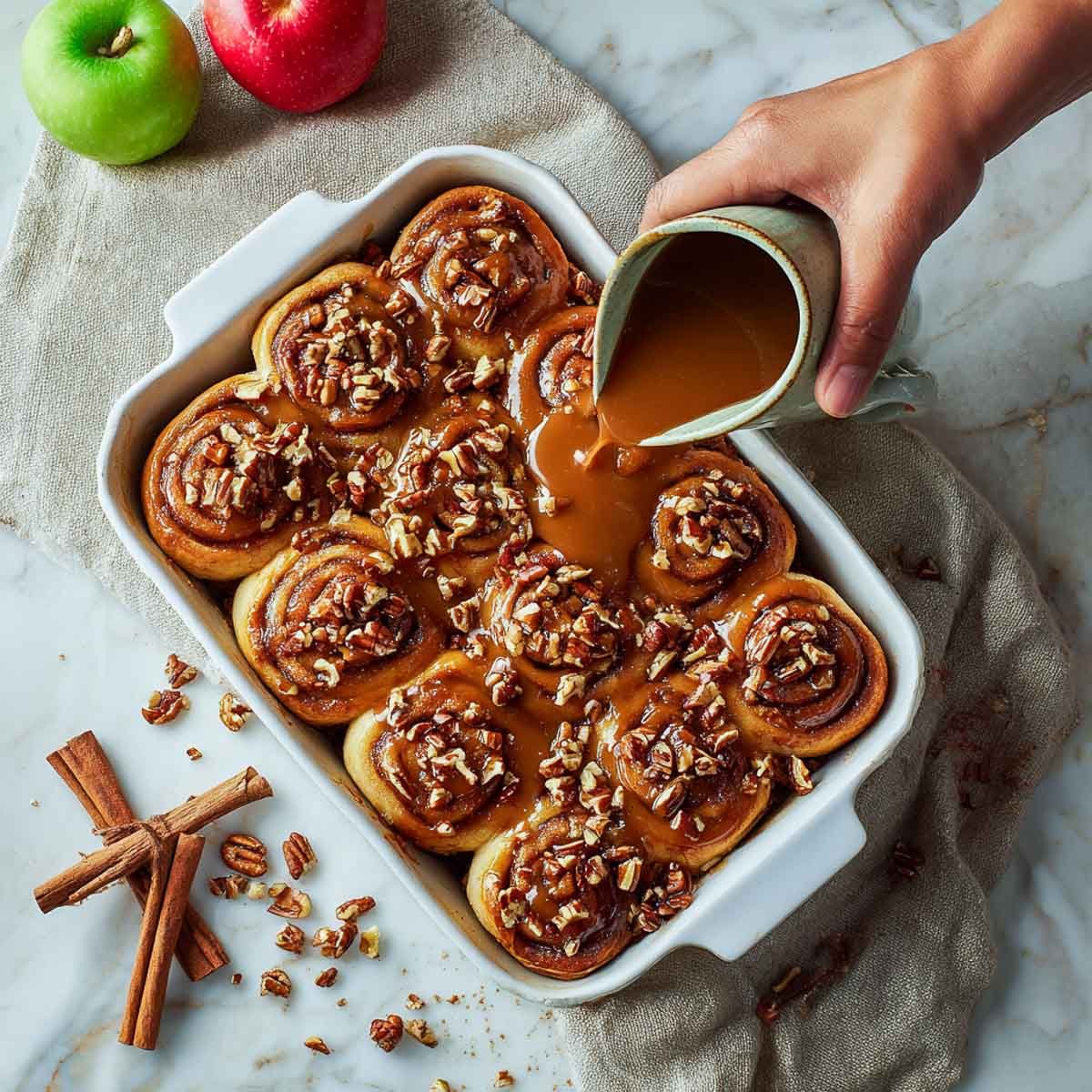 Hand pouring caramel sauce over warm apple cinnamon rolls in white baking dish.