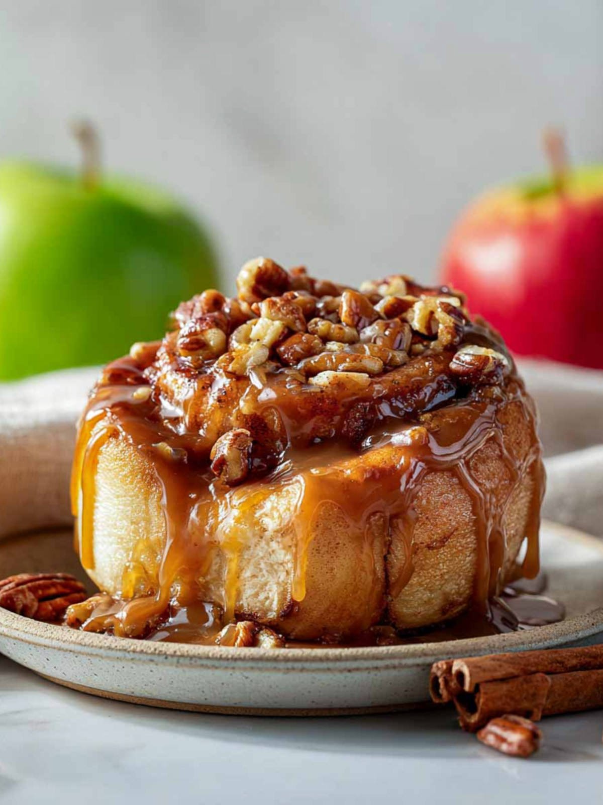 Close up of a caramel pecan cinnamon roll with rich glaze dripping down.