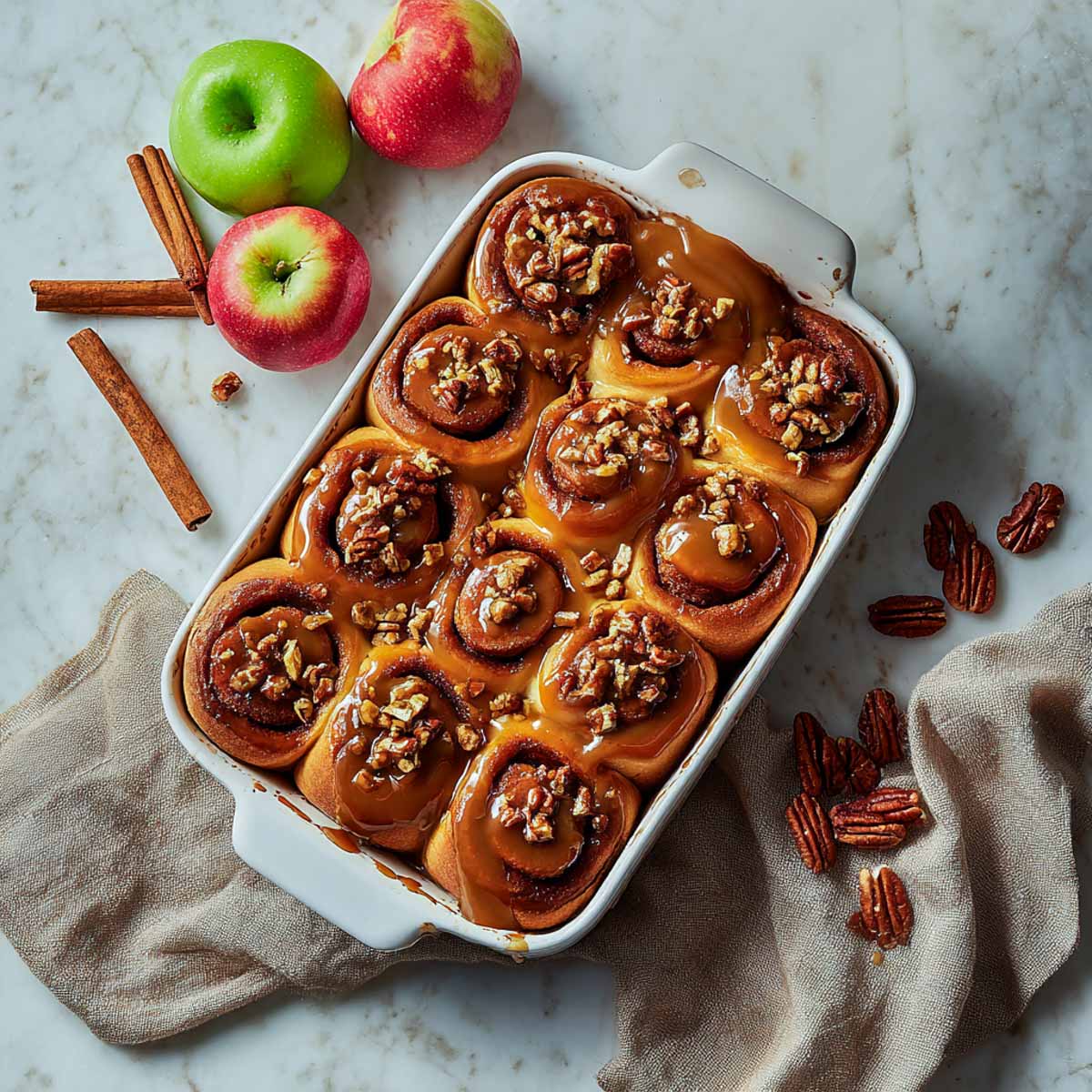 Top-down view of baked caramel apple cinnamon rolls in white dish with pecans.