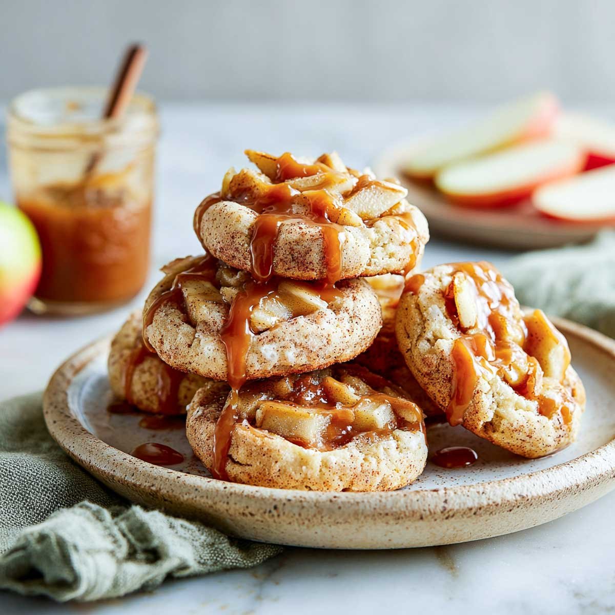 Caramel apple pie cookies topped with gooey caramel and apple bits.