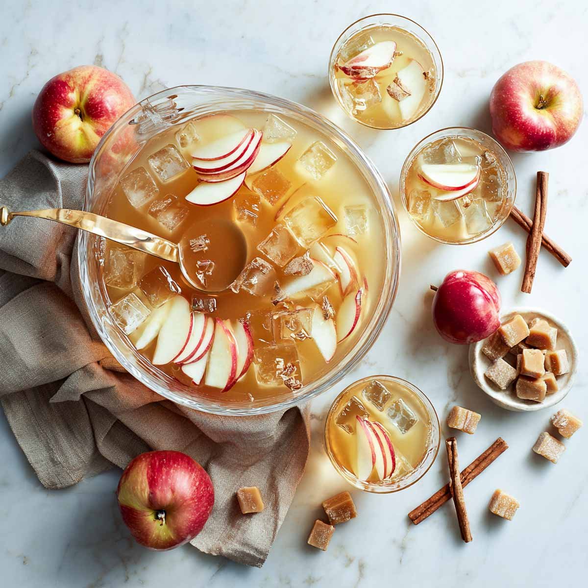 Top-down view of caramel apple vodka punch with apples and caramel cubes.