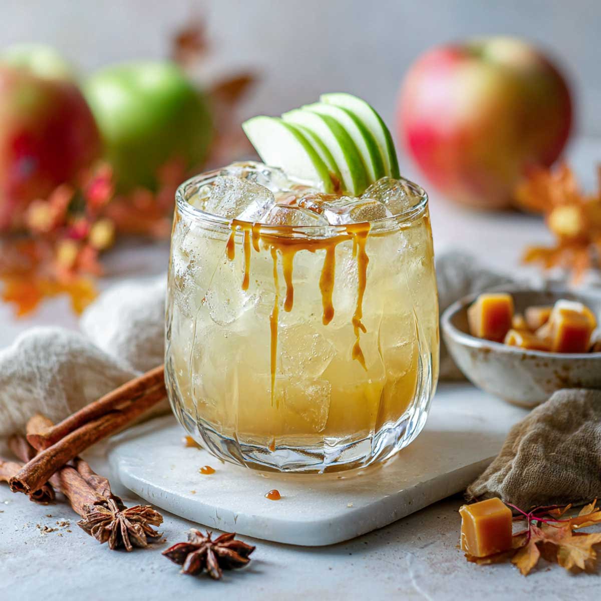 Caramel vodka punch with ice, apple slices, and caramel drizzle garnish.