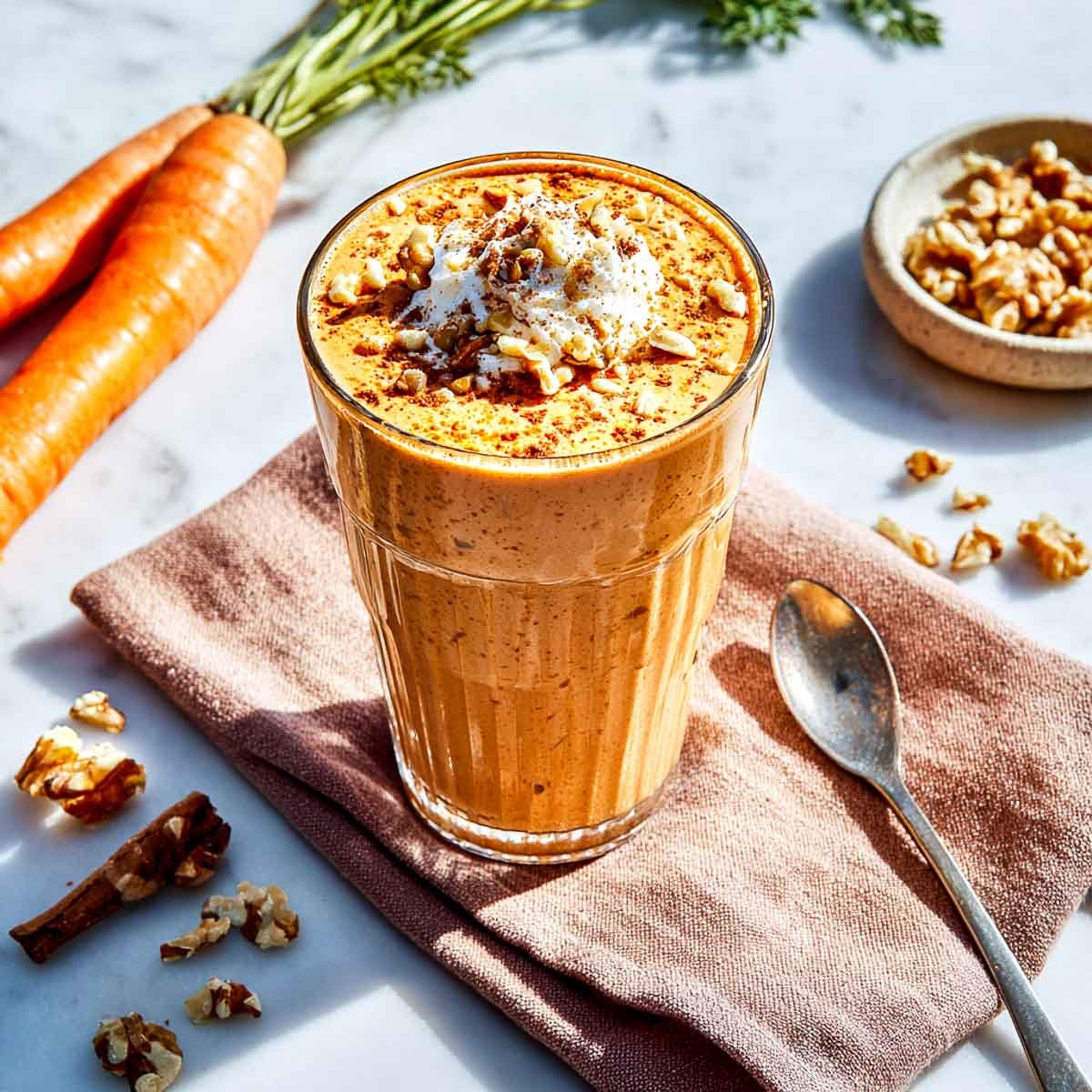 Carrot cake smoothie with cottage cheese, walnuts, and cinnamon in clear glass.
