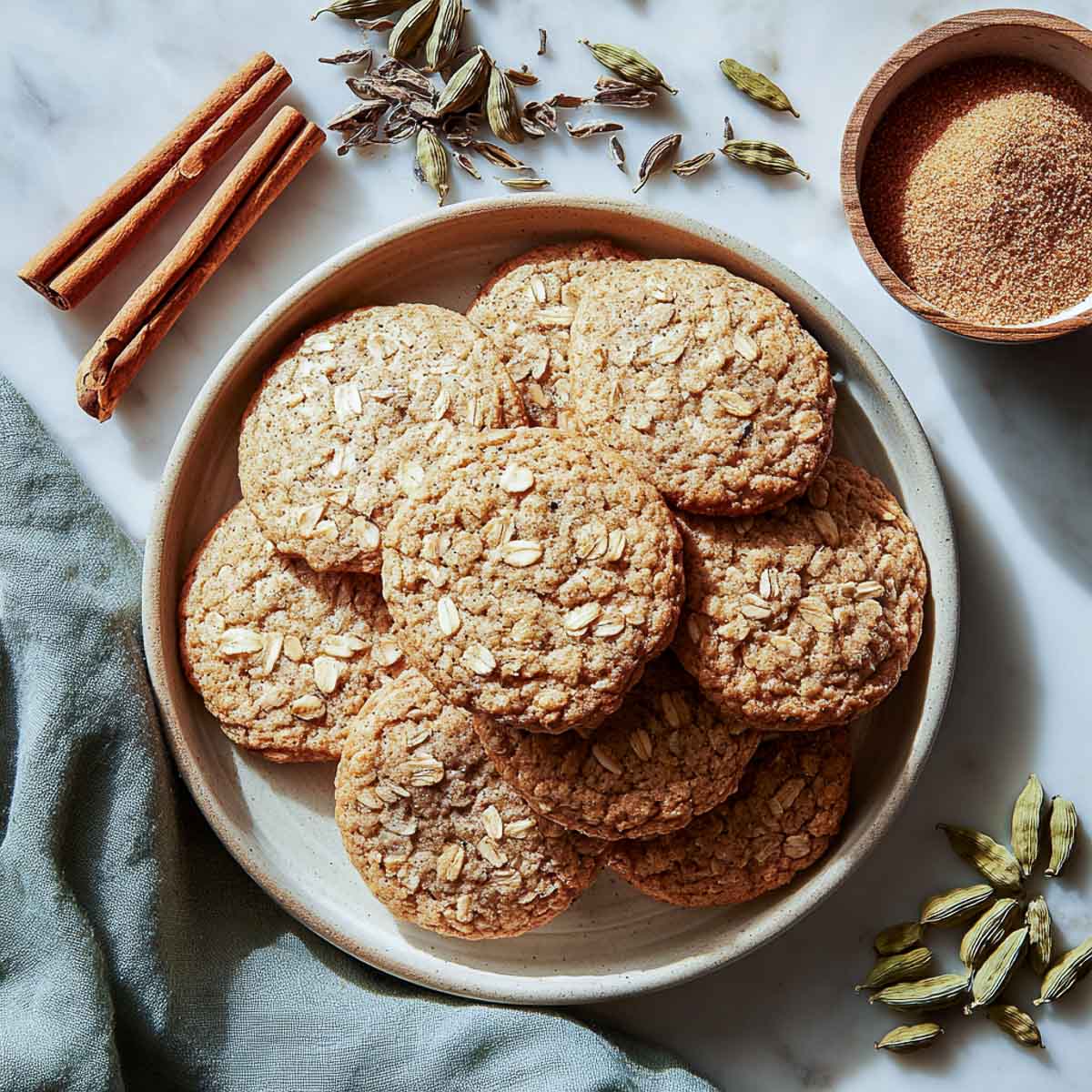 Soft chai oatmeal cookies with cracked tops and visible oats.