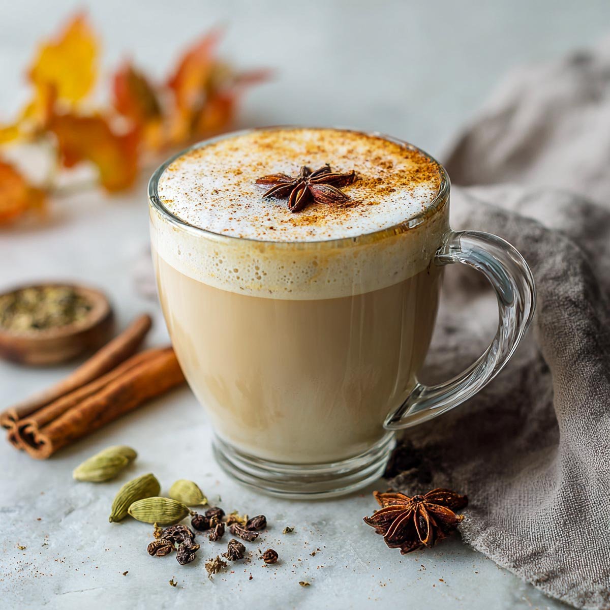 Chai vodka latte with cinnamon, cardamom, and star anise garnish.