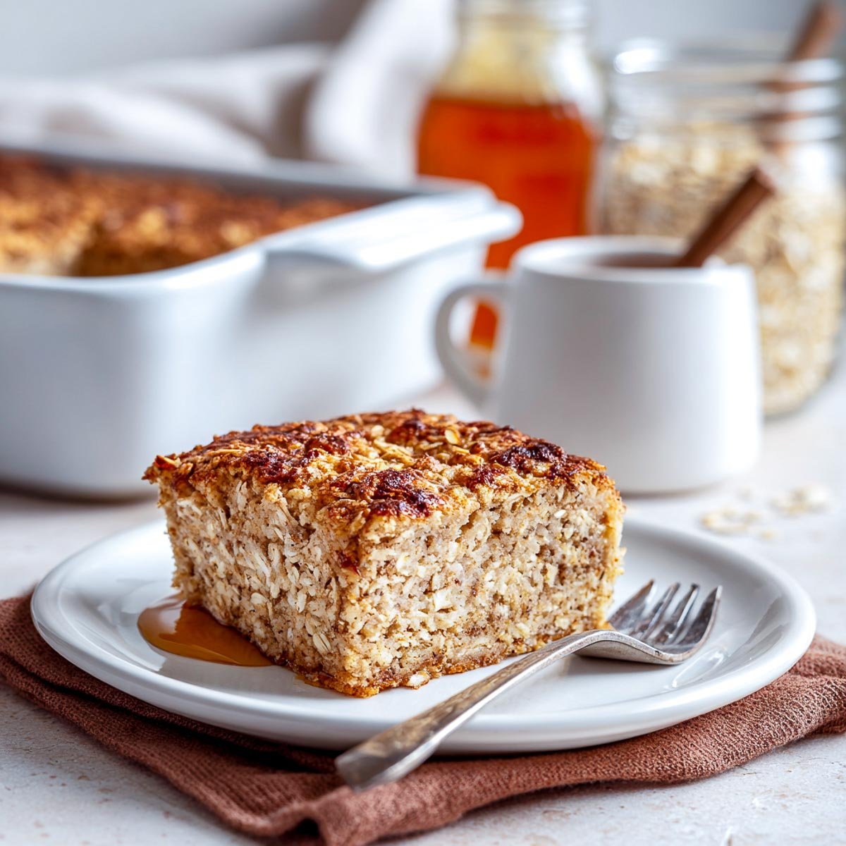 Cinnamon oatmeal bake slice on white plate with syrup.