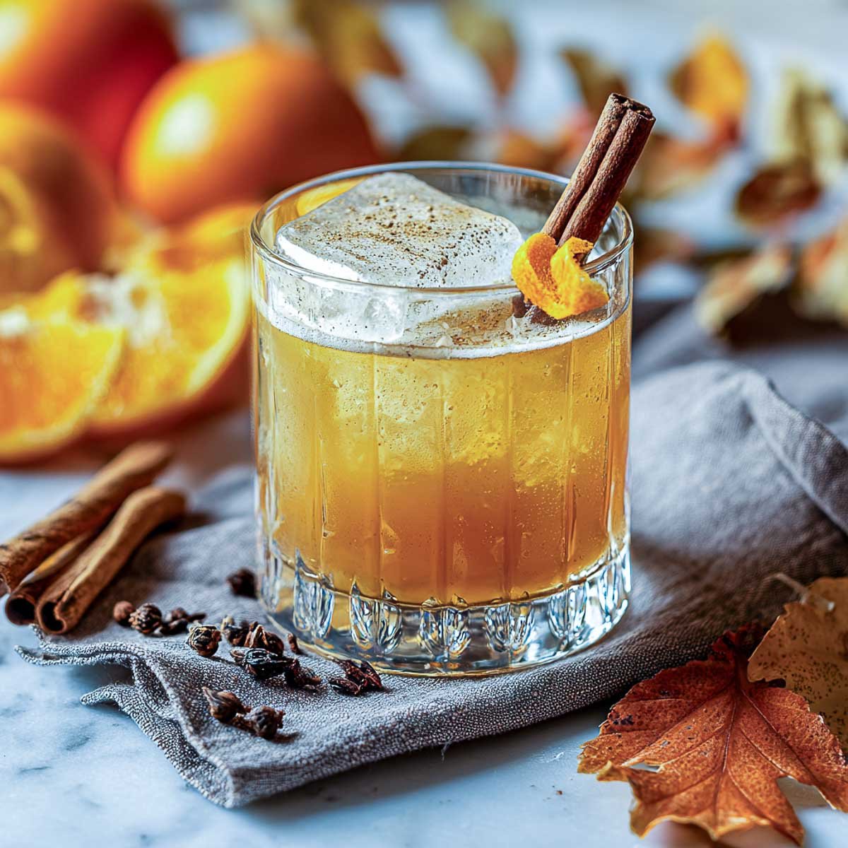 Bourbon sour cocktail with cinnamon stick, orange twist, and foam top.