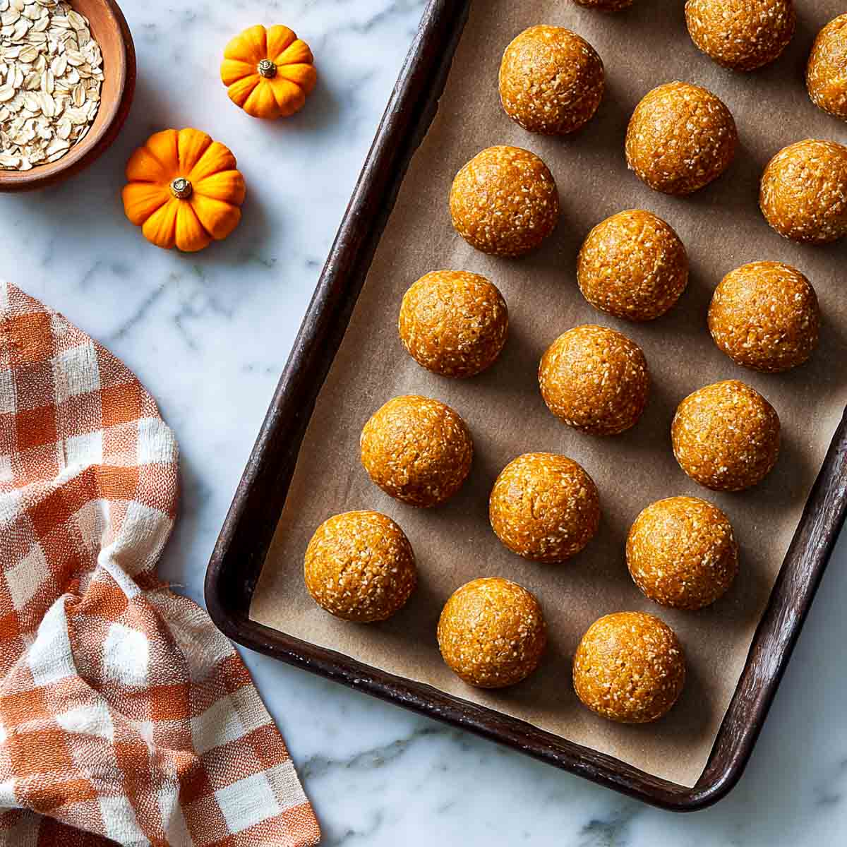 No-bake pumpkin protein bites made with oats and cottage cheese.