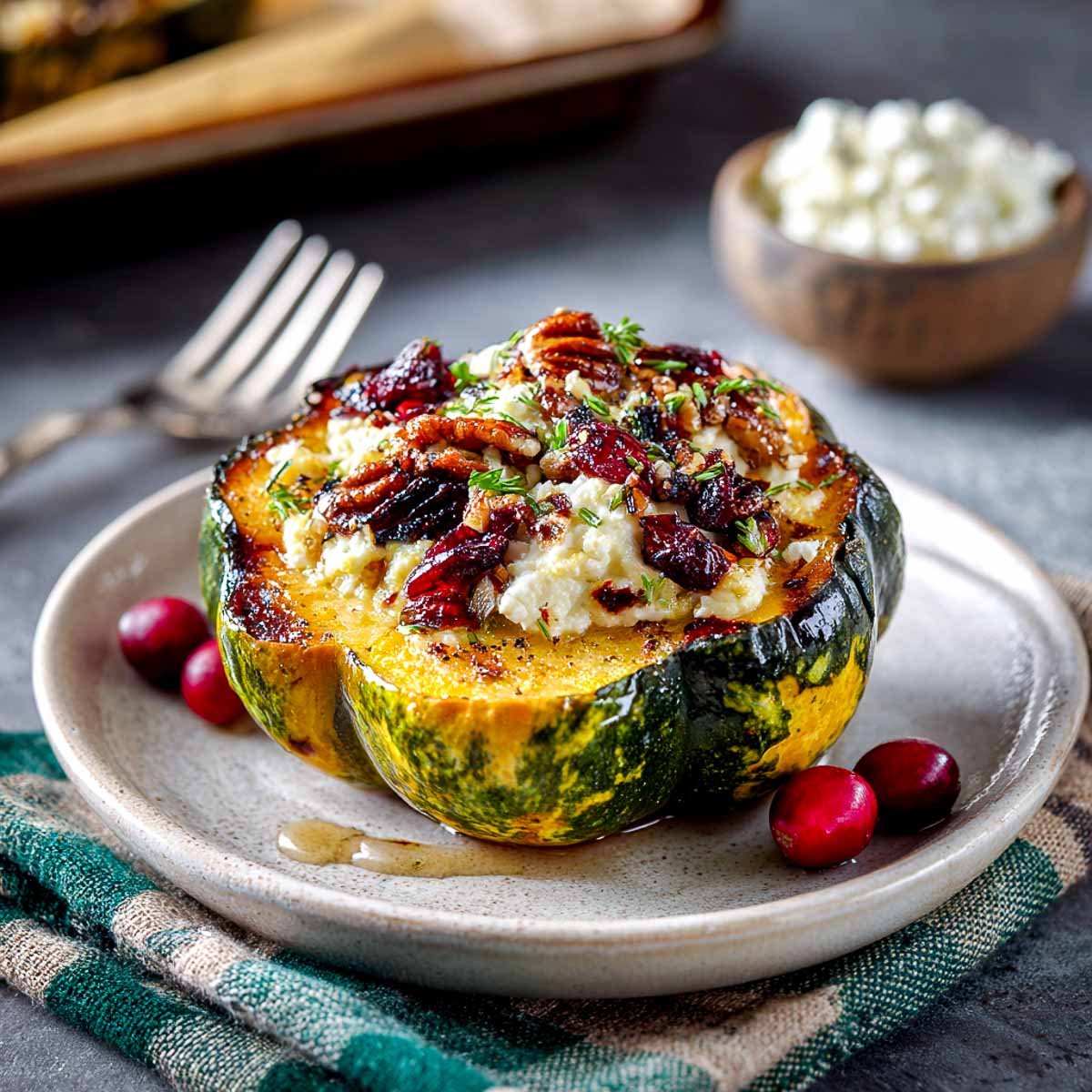 Roasted acorn squash filled with cottage cheese, cranberries, and pecans.