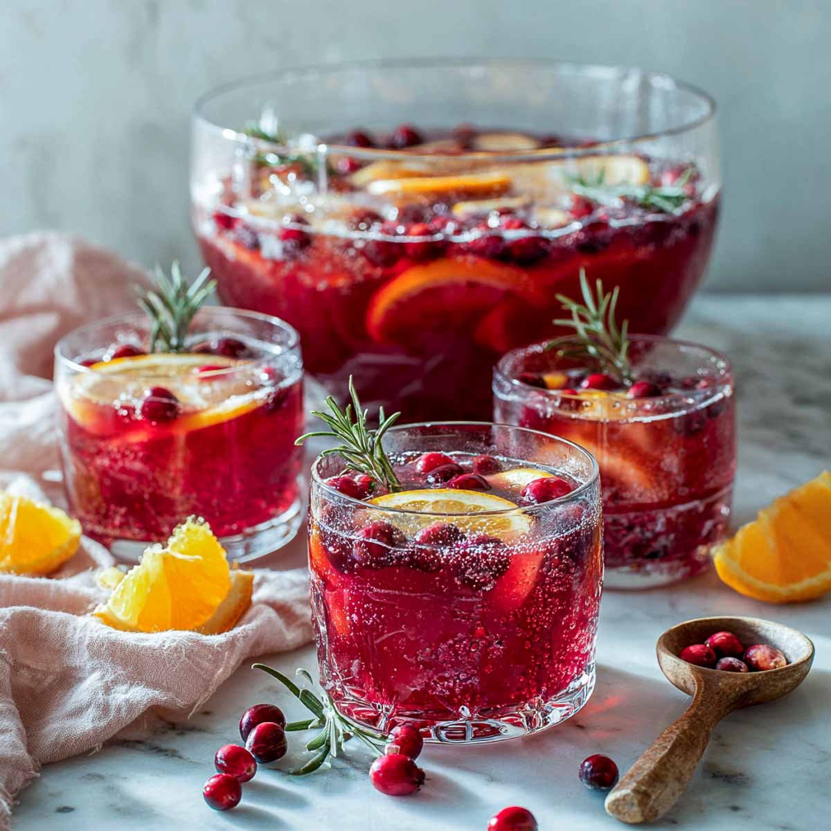 Cranberry orange prosecco punch in glasses with rosemary and orange slices.
