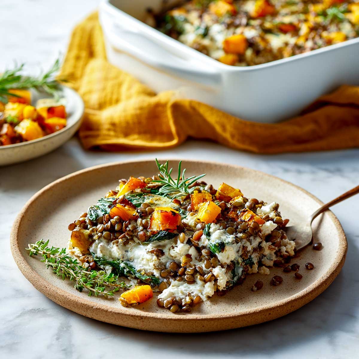 Baked lentil and cottage cheese casserole with squash and greens in white dish.
