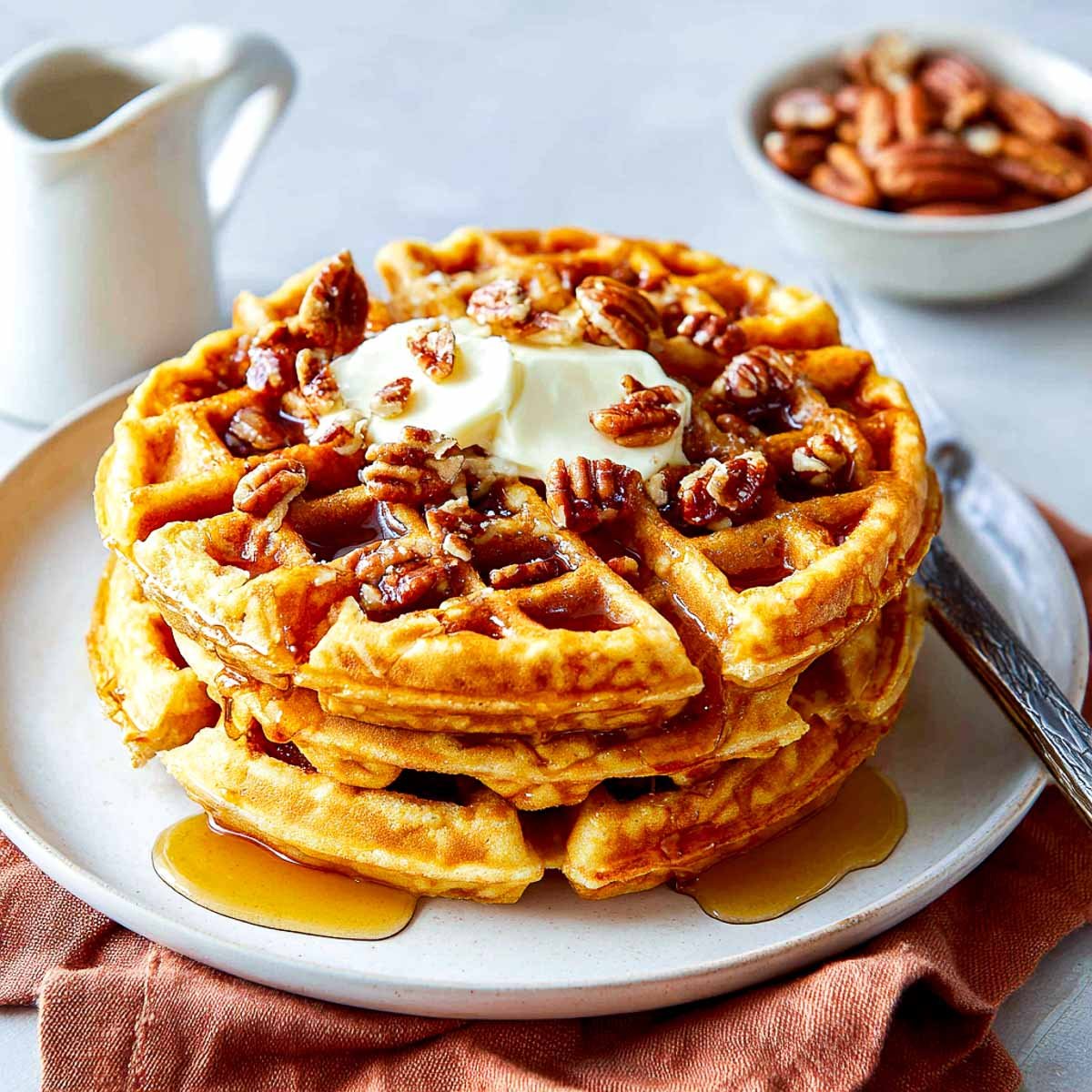 Side view of round waffles stacked with pecans, butter, and maple syrup.