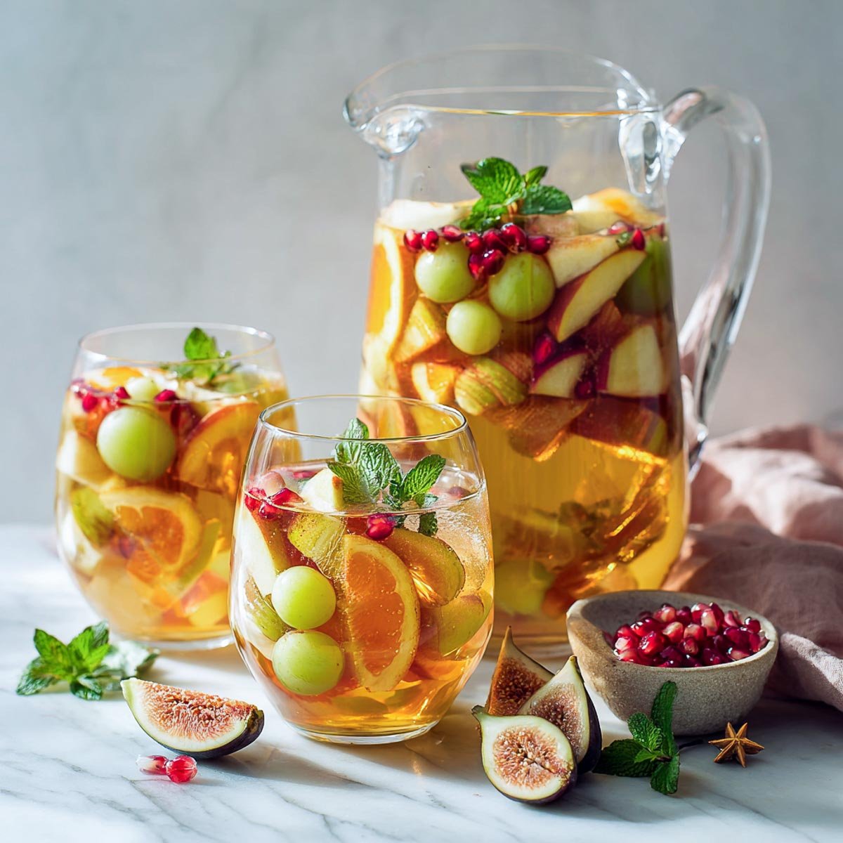 White sangria with fall fruits in clear glasses and pitcher.