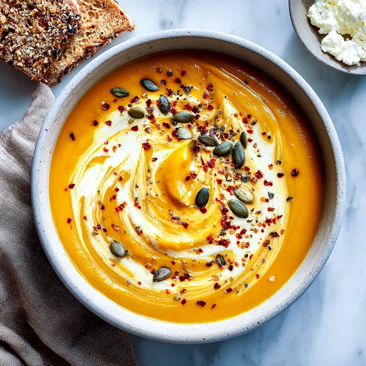 Top-down view of pumpkin soup with pepitas, chili flakes, and bread.