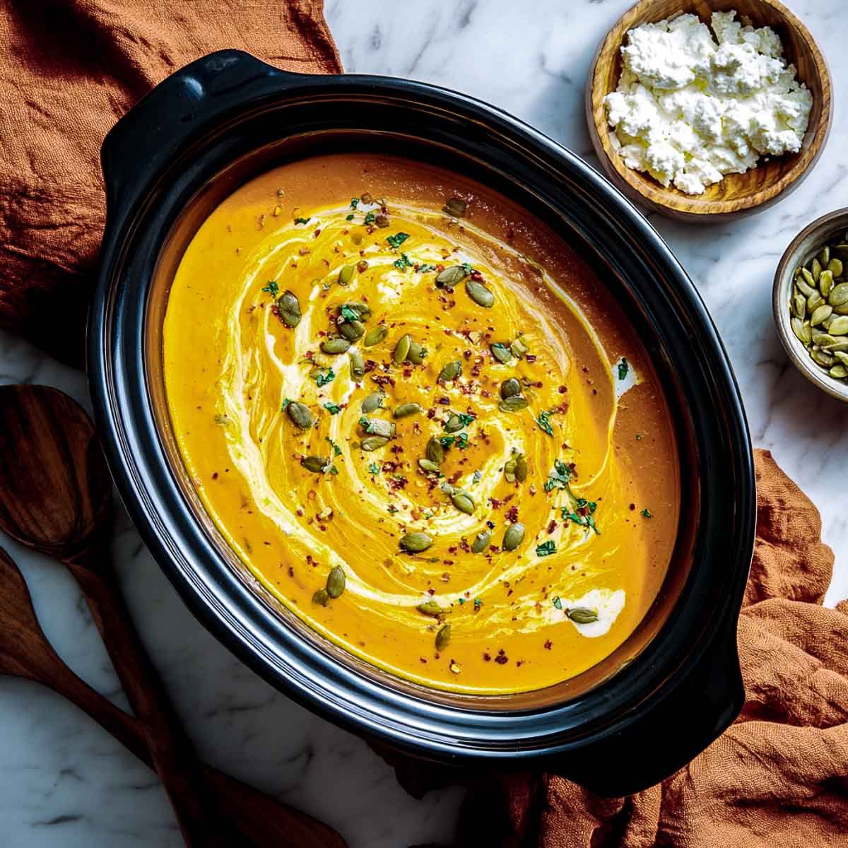 Slow cooker filled with creamy pumpkin soup, cottage cheese swirl, and pepitas.