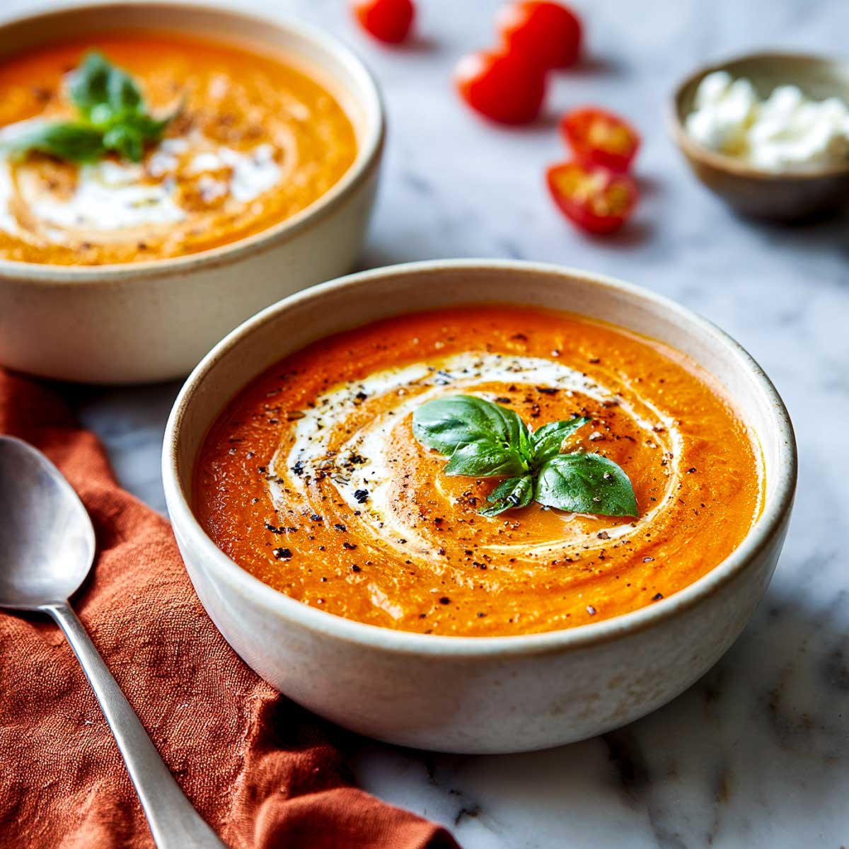 Two bowls of creamy tomato basil soup with a swirl of cottage cheese and fresh basil.