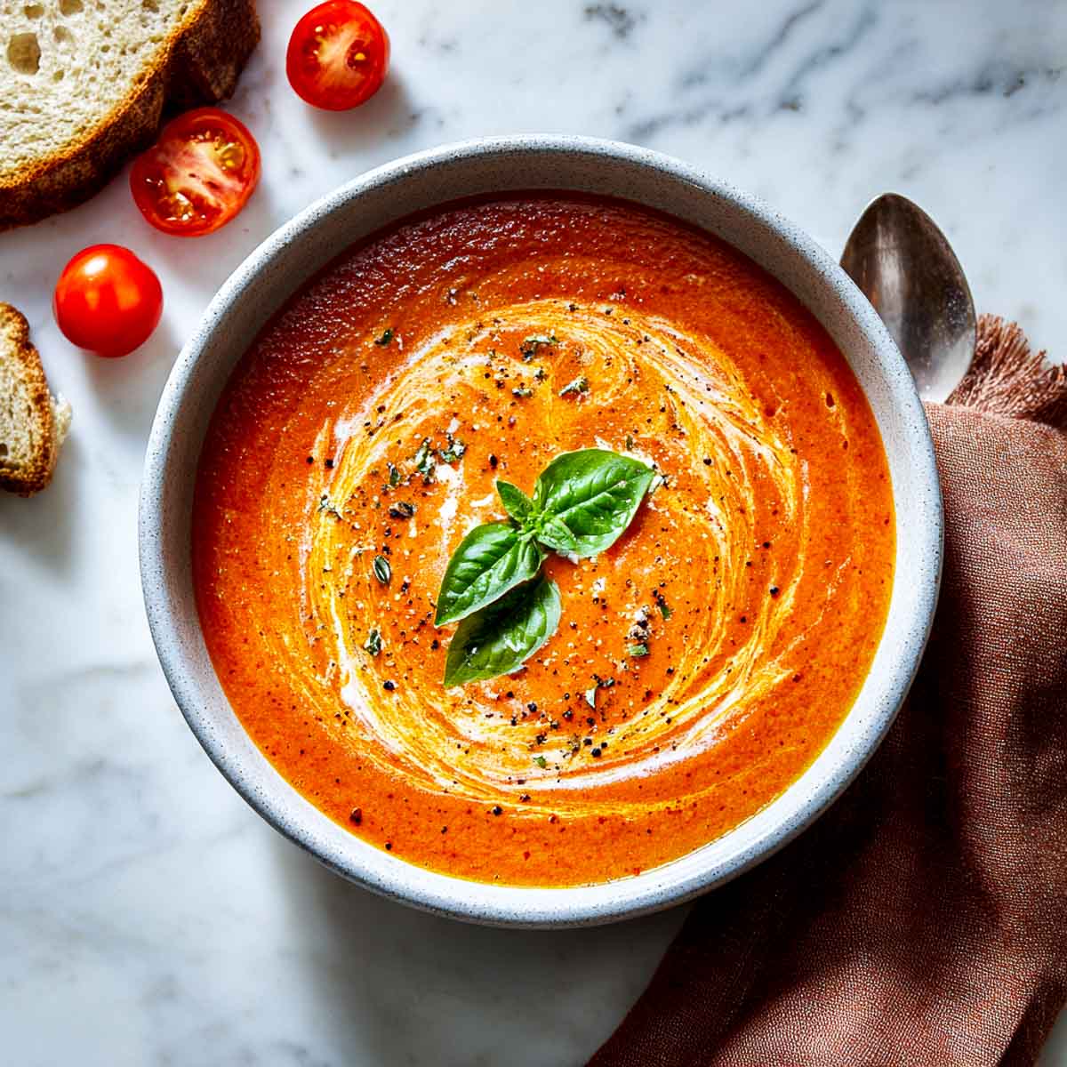 Top-down view of tomato basil soup with cream swirl and basil garnish.