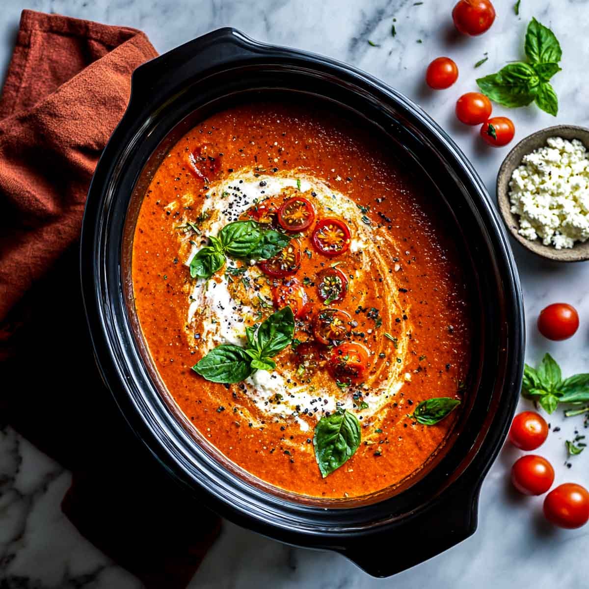 Slow cooker filled with tomato basil soup, topped with cream, basil, and cherry tomatoes.