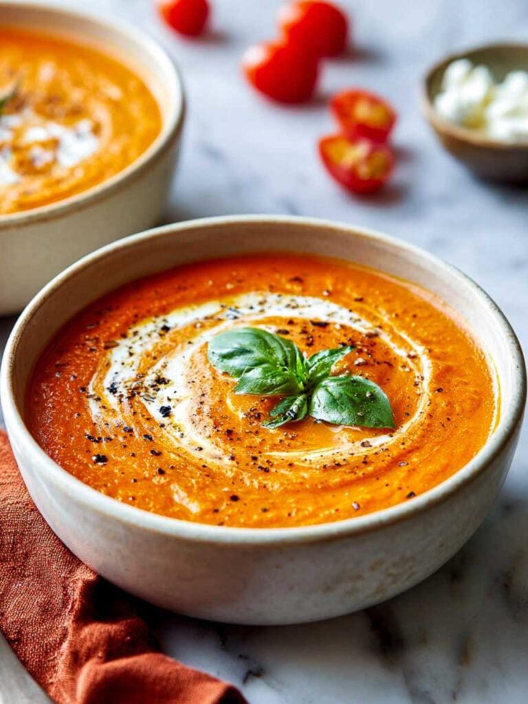 Close up of creamy tomato soup in a ceramic bowl with basil and pepper on top.