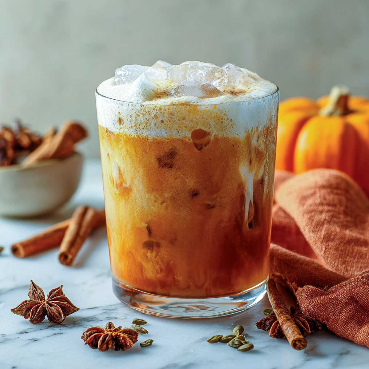 Iced pumpkin chai latte with cold foam and fall spices on marble.