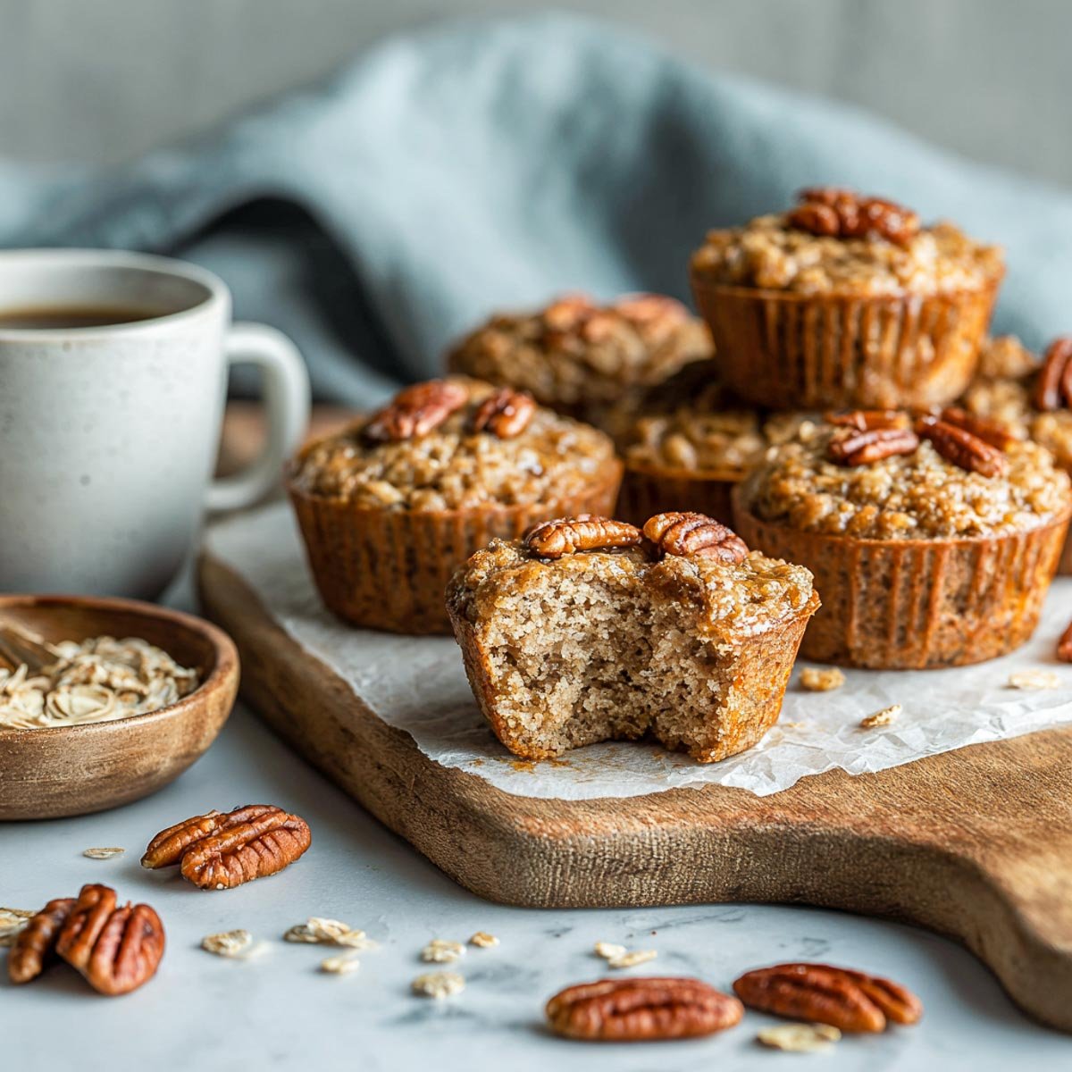 Maple pecan oatmeal cup with moist interior and pecan topping.