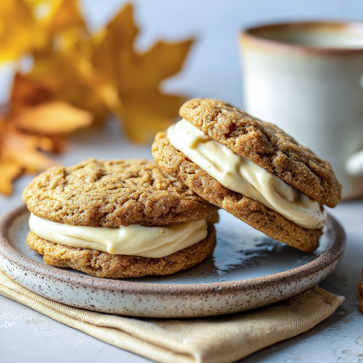 Maple sandwich cookies with pumpkin buttercream filling on a stoneware plate.
