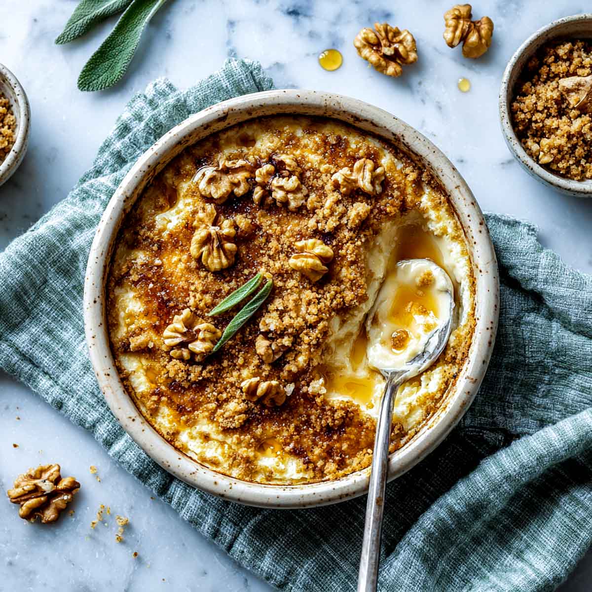 Top-down view of warm maple walnut cottage cheese crumble in a ceramic dish.